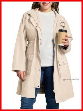 Kikibell Women's Plus Size Waterproof Raincoat Windbreaker Hooded Trench Coat